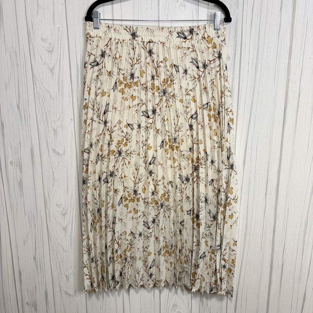 NWT MAX STUDIO Cream Earthtone Floral Pleated Midi Skirt ($98), Large